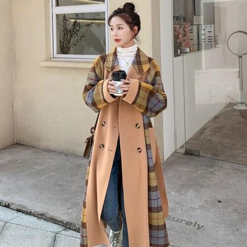 Women Fashion Jacket 2021 New Wool Plaid Stitching Double-Sided Woolen Long Loose Double Breasted Lapel Coat Female Winter