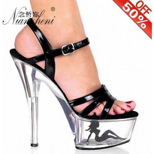 Gladiator Sandals Women The New Black 15 cm Crystal Transparent High Heel Sandals Sexy Party Dancing Shoes Summer Womens Shoes