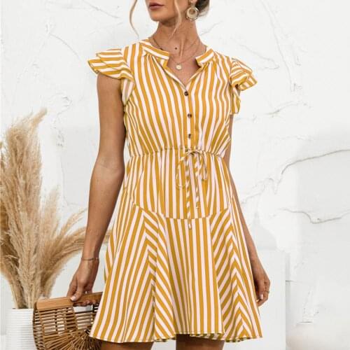 2021 Fashion Long Blouses Shirt Dress Stripe Flying Sleeve Women V Neck Lace-up Waist Tied Dress for Office Loose Shirt Dress