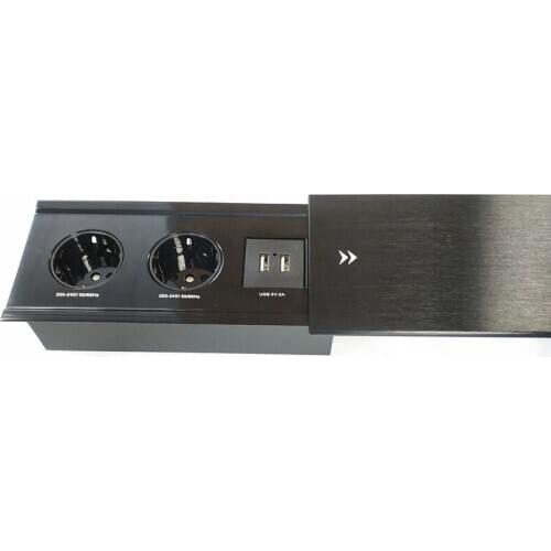 Aluminum Flush hidden mounted in office desktop Half sliding rectangular grommet socket with 2 EU power socket 2usb charging