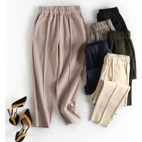 Elastic Waist Casual Woolen Pants Women Casual Trousers Black Gray Wide Leg Pants Winter Wool Ankle-Length Pants