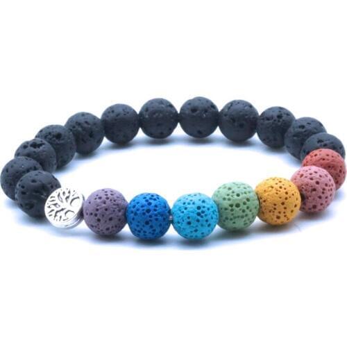 Tree of Life 10mm Colorful Seven Chakras Lava Stone Bracelet DIY Aromatherapy Essential Oil Diffuser Bracelet Yoga Jewelry