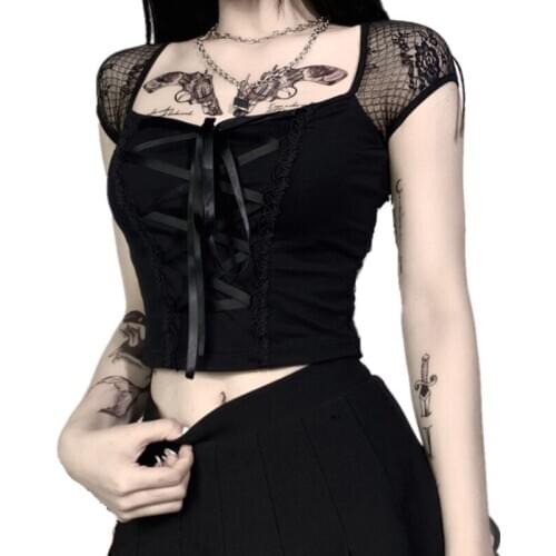 Women Girls Gothic Rave Party T-Shirt Black Lace Patchwork Square Neck Short Sleeve Slim Fit Sexy Crop Top Tees Street Clubwear
