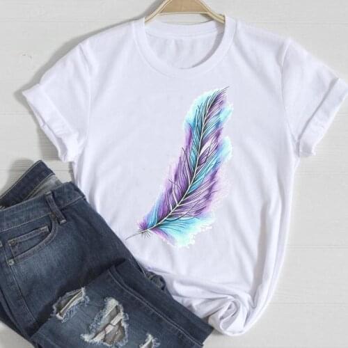 Women Short Sleeve Feather 2021 Watercolor Fashion Cartoon Summer Graphic T Top Lady Print Tee Female Tshirts Clothes T-Shirt