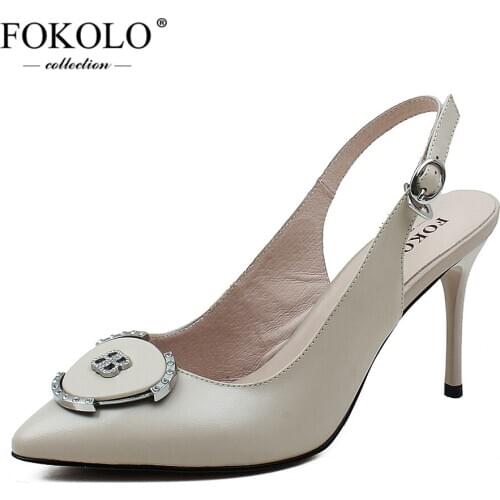 FOKOLO High Heels for Women New Pointed Toe Genuine Leather Back Strap Thin Heel Sandals Summer Comfortable Sexy Lady Shoes L19