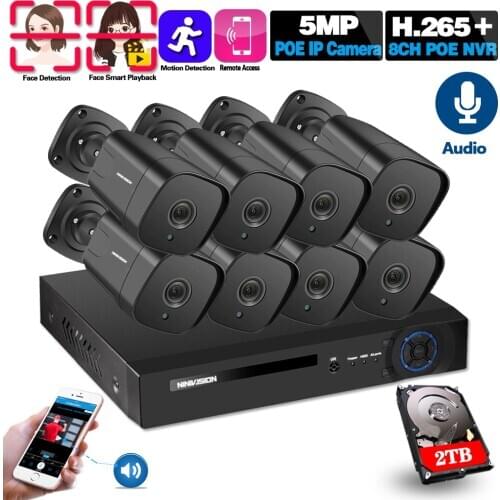 H.265 8CH POE NVR Kit HD Face Detection CCTV Camera System 5MP Sound Audio POE IP Camera Home Security Video Surveillance Set