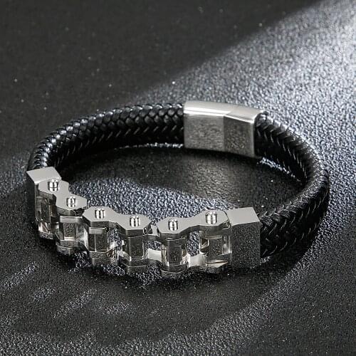 HAOYI Stainless Steel Cowhide Polygon Bike Charm Bracelet Punk Style