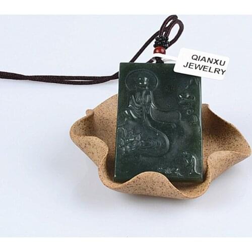 QIANXU Hetian Cyan Wu Jade Necklace Pendant Hand Carved Lucky Blessing Pendant Mens Jewelry Womens Jewelry