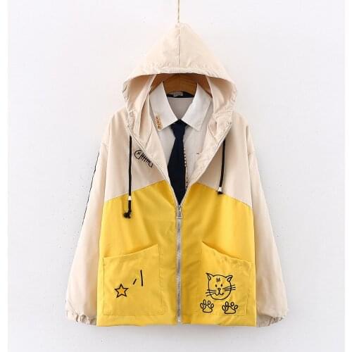 Japanese Womens Small Fresh Cute Cat Embroidery Hooded Jacket Cardigan Spring Autumn Loose Student Jacket Harajuku Windbreaker