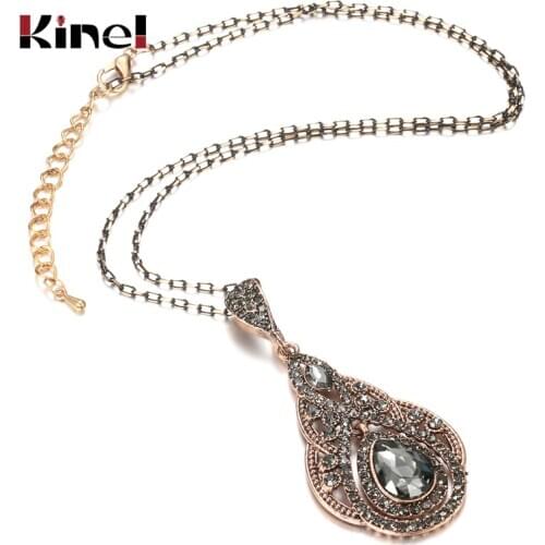 Kinel Fashion Gray Crystal Flower Big Drop Necklace For Women Antique Gold Bohemia Vintage Wedding Necklace Turkish Jewelry
