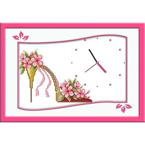 Flower high heels(1) cross stitch kit 14ct 11ct count print canvas wall clock stitches embroidery DIY handmade needlework plus
