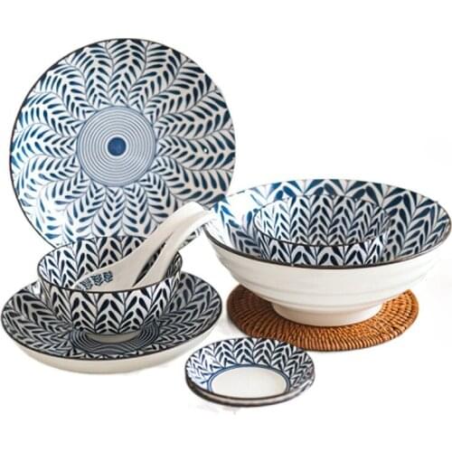 Ceramics Cutlery Set Japanese Underglaze Blue White Porcelain Round Plate Bowl Spoon Dish Tableware Household Kitchen Supplies
