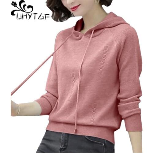 UHYTGF New Fashion Spring Autumn Sweater Women Hooded Knitted Pullover Thin Sweatshirt Female Casual Short Plus Size Jacket 1328