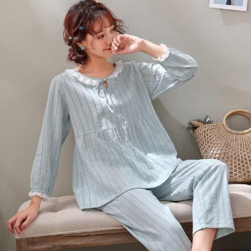 New Ladies Full Cotton Pajamas Long Sleeve Trousers Pullover Pijama Set Spring Summer Home Clothes Loose Casual Pyjamas Women