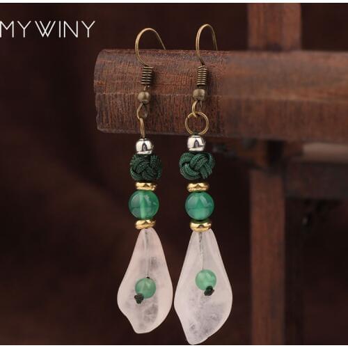 New handmade braided vintage dangle earrings green ,New Original nature stones vintage jewelry exotic earrings