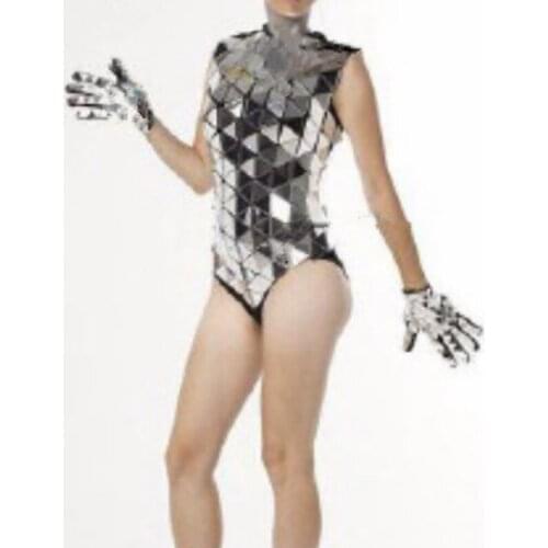 Nightclub Mirror Jumpsuit Female GOGO Dance Costume Silver Mirrors Gloves Shiny Bar DJ DS Outfit Rave Disco Stage Bodysuit 1567