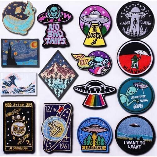 Prajna Space Patches Iron On Astronauts Aliens UFO Patch Fashion Embroidered Patch For Clothes Stickers Applique Decor DIY Patch