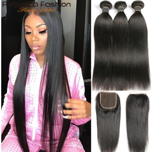 Human Hair Bundles With Closure Straight Brazilian Hair Weave 3 4 Bundles With 4X4 Lace Closure 28 30 Inch Bundles With Closure