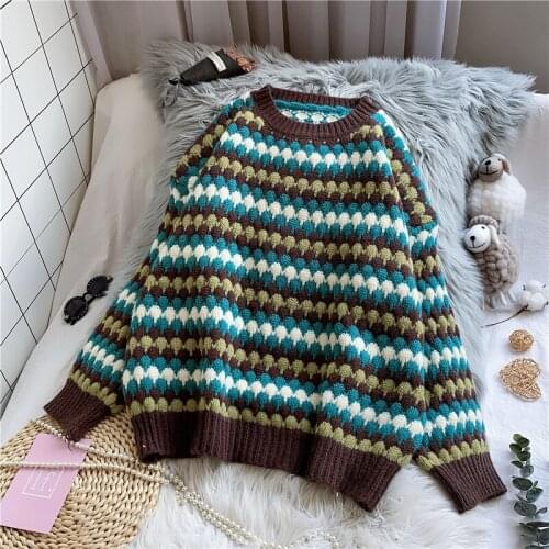 Pullover Knitted Womens Jacket Loose Sweater Tops Pink Green Stripes All-match Outer Wear Wave Dots 2021 New Autumn Winter