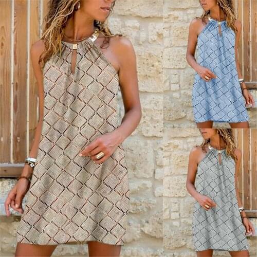 Womens Summer Sundress Casual Fashion Metal Hanging Neck Diamond Print Sleeveless Dress Loose Halter Dress 2021 Женское Платье