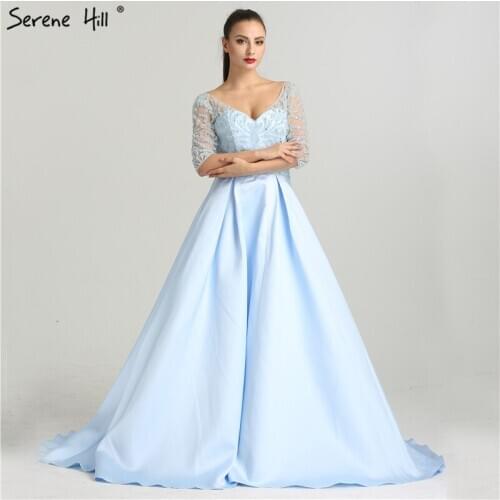 Sexy See Through Light Blue Half Sleeve Evening Dresses Beaded Sequins Long Formal Dress Party Dubai Robe De Soiree BLA6429
