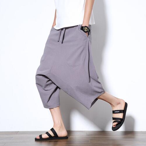 2019 Summer Mens wide crotch harem pants loose summer large cropped trousers wide-legged bloomers Chinese style flaxen baggy