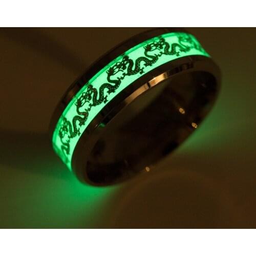 Luminous Plated Ring Dark Golden Dragon Inlay Green Background Fashion Men Fluorescent Glowing Rings