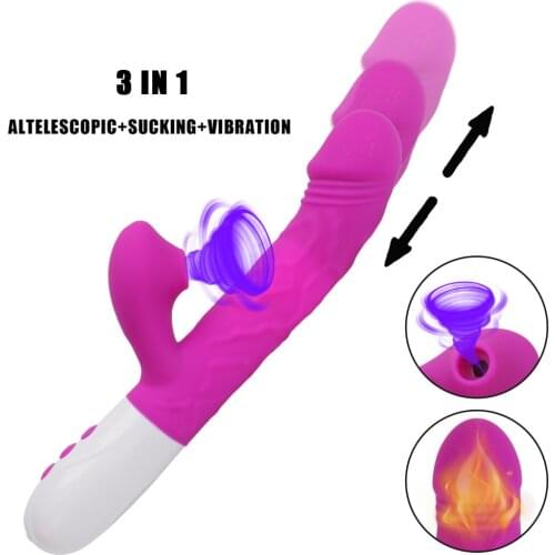 Vagina G Spot Stimulate Vibrators 3 In 1 Heating Rabbit Vibrator Telescopic Rotating Dildo Clitoris Sucking Sex Toys for Women
