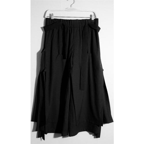 Four Seasons New Mens Wide Leg Pants, Cupskirt Pants, Fake Two Multi Ribbon Loose Pants, Pure Color, Tie Stretch Straight Pants