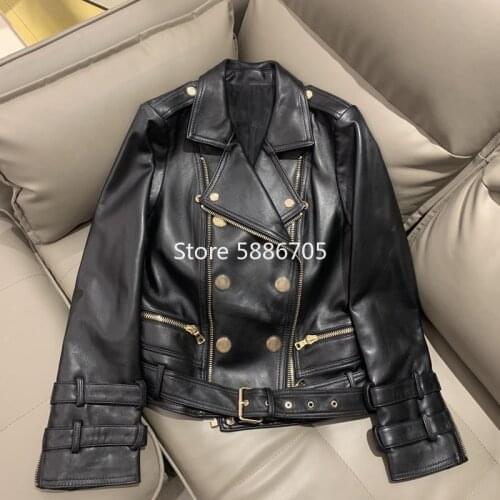Luxury designer double breasted short sheepskin real leather jackets 2021 women moto biker genuine leather coat black S424