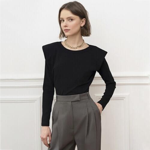 2020 Women Fashion Pads Shoulder Top Graceful Long Sleeve Blouses Ladies Solid Color Top for Work Daily Wear