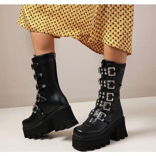 IPPEUM Womens High-heeled Motorcycle Boots Autumn And Winter New Boots Thick Soled Short Tube Punk Style Boots