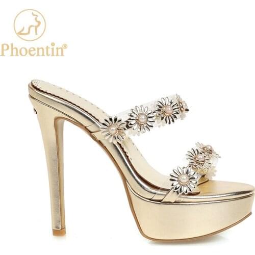 Phoentin gold ladies slippers summer 2020 sunflower platform summer sandals PVC party narrow bands womens slingbacks shoes FT951