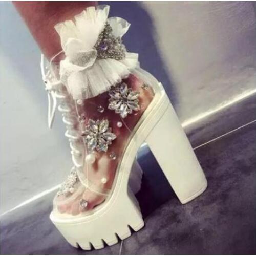 Handmade Crystal Pearl Beading Pumps For 2018 Woman Sweet Lace Flower Platform High Chunky Heels Pumps Wedding Dress Shoes