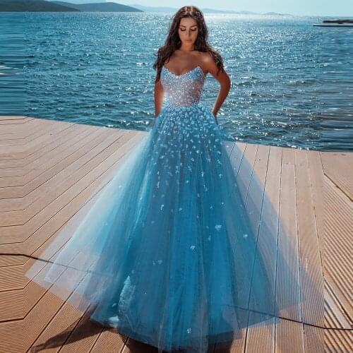 New Arrival See Blue A-line Prom Gowns With Sparkle Beaded Sequined Long Formal Dress Women To Party Lace Up Back