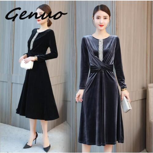 Genuo New Long Sleeve Velour Dress 2019 Elegant Velvet Midi Dress Long Sleeve Velvet Dress High Waist A-Line Women Winter Dress