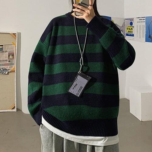 Winter Knitted Striped Sweater Women Casual Long Sleeve Pullovers Loose O-Neck Warm Sweaters Vintage Korean Jumper Femme