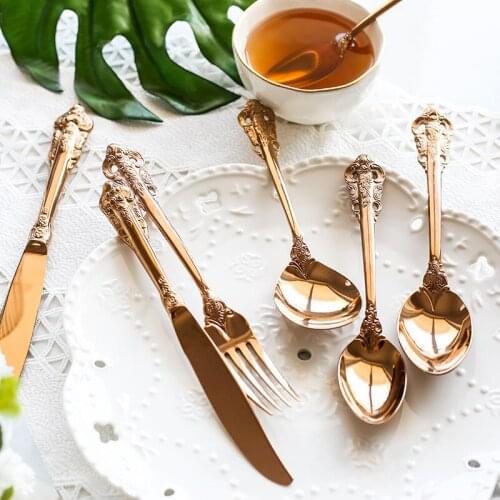 1Piece Luxury Rosegold Steak Knife Vintage Gold Cutlery Dining Knives Forks Teaspoons Set Golden Engraving Tableware Set