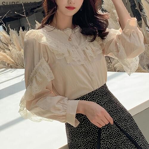2020 Womens Tops and Blouses Elegant Ladies Tops Solid Lace Blouse Button Stand Tops for Women Shirts Blusas Femininas 8049 50