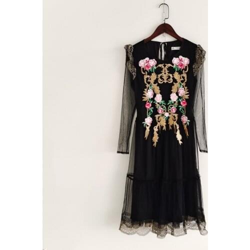 2021 summer women golden embroidery flower dresses quality mesh runway black dress