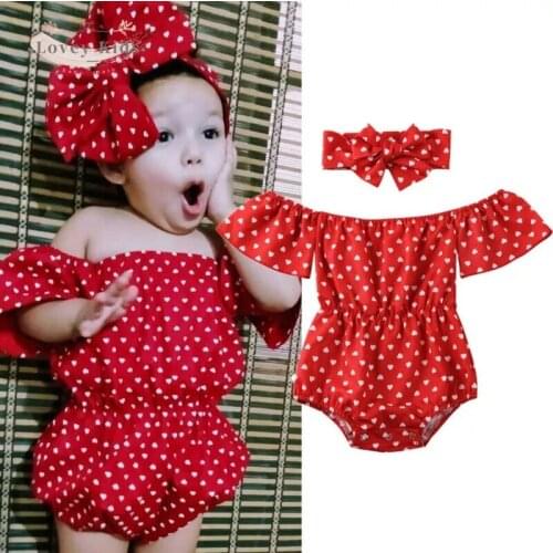 2020 Baby Girl Bodysuits 2PCS Set Sweet Heart Print Red Off Shoulder 0-24M with Headband Toddler Clothing