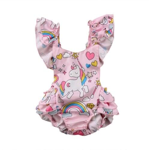 Infant Baby Girls Backless Unicorn Romper Newborn Ruffles Jumpsuit Outfits Set
