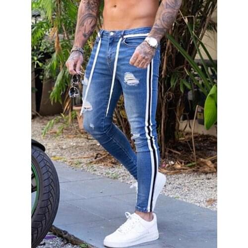 Stripes for Jeans Bike Skinny Jeans Men Stretch Denim Trousers Elastic Waist Big Size European S-4XL Casual Sandbeach Men Pants