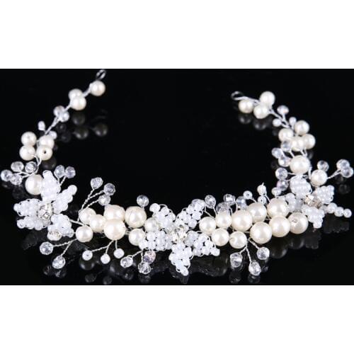 GETNOIVAS Silver Color Handmade Flower Headband Pearl Crystal Tiara Jewelry Bridal Headpiece Women Wedding Hair Accessories SL