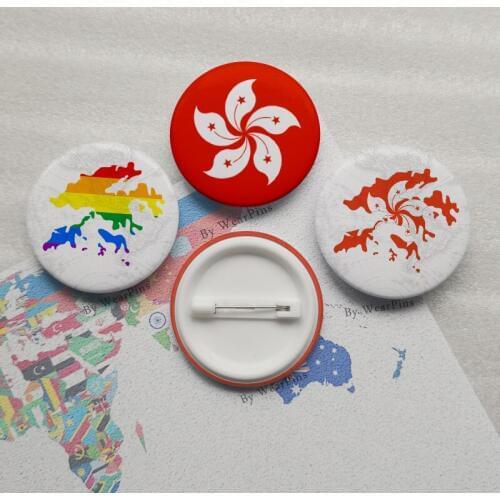 Hong Kong Flag Map Tin Button Pins LGBT Gay Rainbow Pride Tin Button Badges