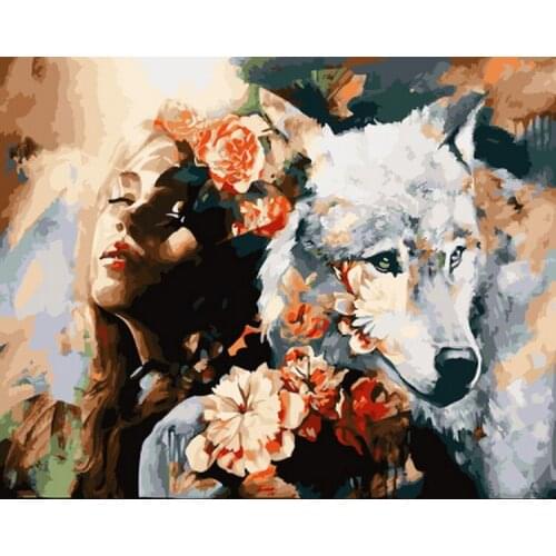 Frameless oil painting by numbers paint by number for home decor oil picture painting 5065 wolf and lady