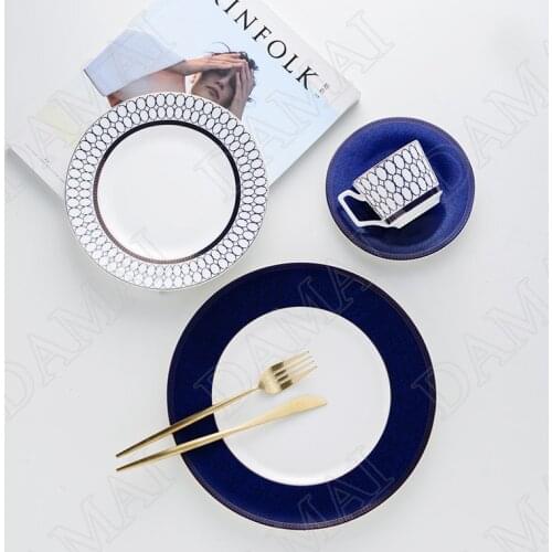 Nordic Ceramic Plates Golden Stroke Porcelain Cake Dessert Plate Blue Salad Fruit Dishes Banquet Trays Home Decoration Modern