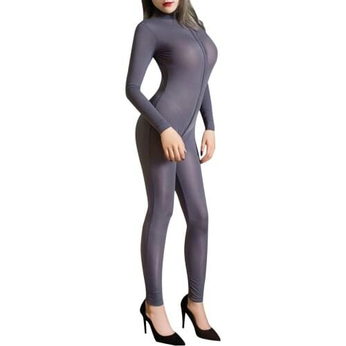 New Sexy Open Crotch Bodycon Long Sleeve Jumpsuits Fashion Mesh See-Through Black Romper Skinny Double Zipper Overalls Femme