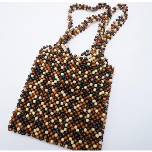 Summer Women Hollow Out Wooden Beaded Shoulder Bag High Quality Hand-woven Bamboo Handbag High Quality