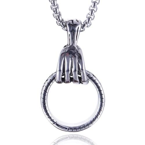 Punk Stainless Steel Necklaces For Men Rotatable Skull Ghost Hand Round Double Layer Necklaces Halloween Necklace